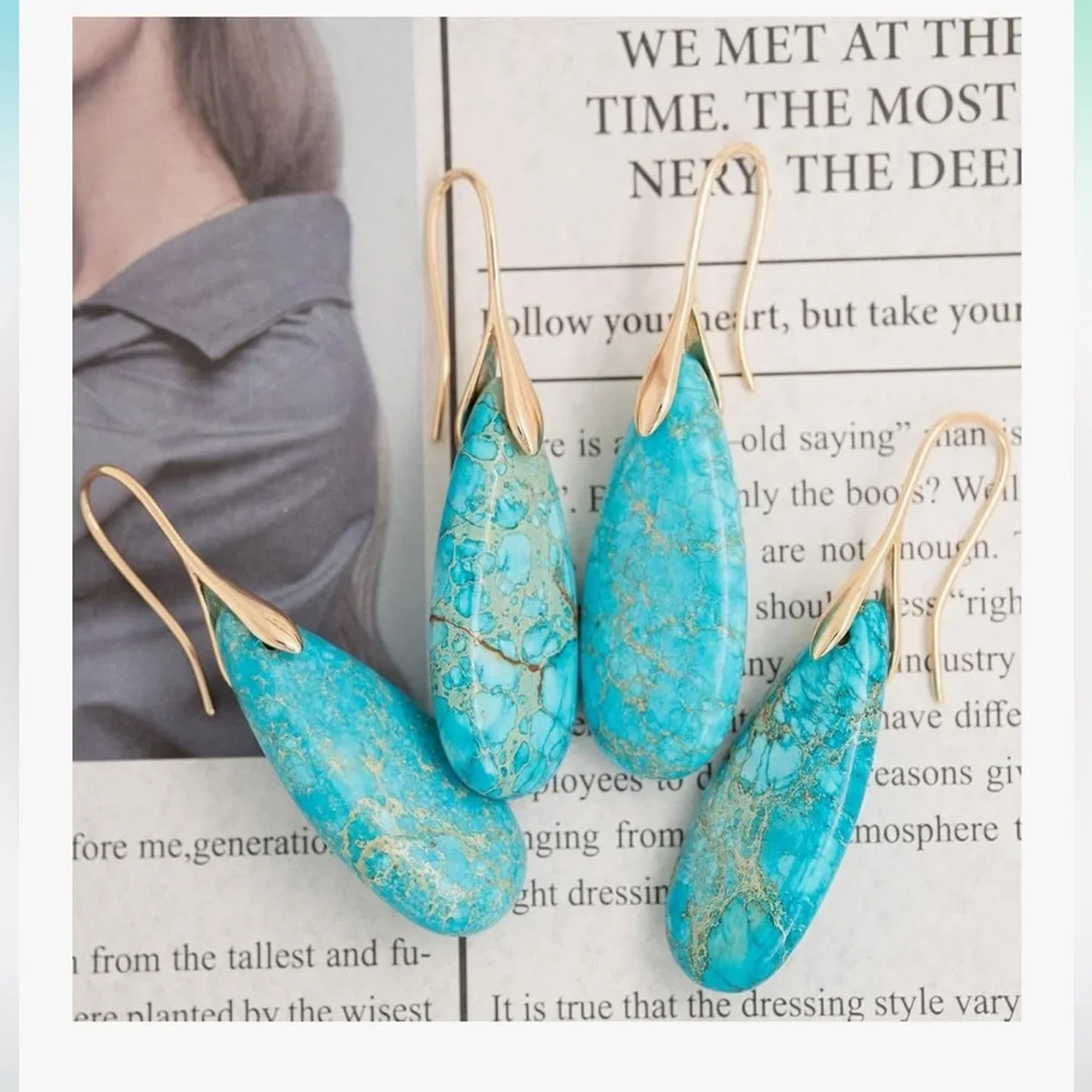 🆕 Natural Healing Stone Fishhoop Dangle Drop Earrings Statement - Picture 6 of 7